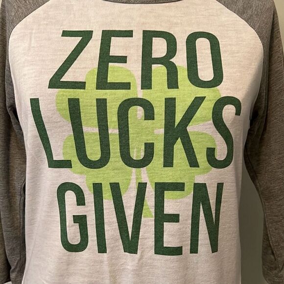 Modern Lux Women's Gray White "Zero Lucks Given" Baseball Tee - Picture 2 of 7